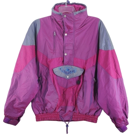 Vtg Ski Jacket Womens L Purple Gray Metallic Pullover Conceal Hood Brid N Tech